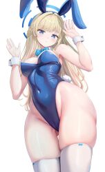 Rule 34 | 1girl, absurdres, animal ears, bare shoulders, blonde hair, blue archive, blue bow, blue eyes, blue hairband, blue leotard, bow, bowtie, braid, breasts, closed mouth, detached collar, fake animal ears, from below, gluteal fold, hairband, halo, hands up, highleg, highleg leotard, highres, leotard, long hair, looking at viewer, looking down, medium breasts, nekonosuke, official alternate costume, official alternate hairstyle, playboy bunny, rabbit ears, rabbit tail, solo, tail, thighhighs, thighs, toki (blue archive), toki (bunny) (blue archive), very long hair, white thighhighs, wrist cuffs