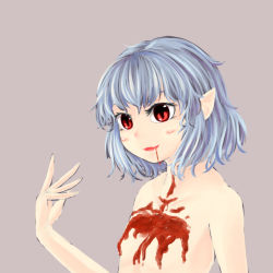 Rule 34 | 1girl, blood, blue hair, blush stickers, dripping, fangs, hand up, kys (k-k2), looking at viewer, no headwear, no headwear, nude, pointy ears, red eyes, remilia scarlet, short hair, solo, touhou, upper body