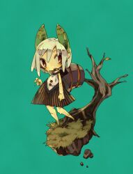 Rule 34 | 1girl, aqua background, arm at side, bare tree, bent v, buttons, chibi, chuno (poym), crosshatching, dress, dripping, drooling, faux figurine, film grain, full body, grass, grey dress, grey hair, hand up, hatching (texture), highres, leaf, leucochloridium paradoxum, looking at viewer, medium hair, open mouth, original, red eyes, rock, simple background, snail girl, solo, standing, striped clothes, striped dress, teeth, tree, upper teeth only, vertical-striped clothes, vertical-striped dress, wet