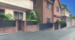 Rule 34 | blue sky, building, bush, commentary request, fence, hakuurei amano, highres, house, no humans, original, outdoors, road, scenery, sky, street, watermark, window