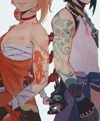 Rule 34 | 1boy, 1girl, arm tattoo, artist name, bandages, bare shoulders, bead necklace, beads, biceps, blonde hair, breasts, choker, cleavage, closed mouth, collarbone, earrings, fish, flower, genshin impact, gloves, green hair, head out of frame, highres, jewelry, kelilypans, lips, mask, medium hair, necklace, pale skin, red choker, red neckwear, shirt, short hair, shoulder tattoo, simple background, sleeveless, smile, tattoo, twitter username, watermark, white background, white shirt, xiao (genshin impact), yoimiya (genshin impact)