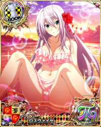 Rule 34 | 1girl, antenna hair, aqua eyes, bikini, breasts, card (medium), character name, chess piece, cleavage, hair ornament, hair ribbon, high school dxd, high school dxd pi, large breasts, long hair, looking at viewer, navel, official art, parted lips, partially submerged, pink bikini, ribbon, rook (chess), rossweisse, silver hair, sitting, solo, spread legs, sunset, swimsuit, trading card, tropical, very long hair, water