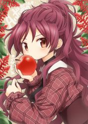 Rule 34 | 1girl, absurdres, apple, artist name, black choker, black necktie, blush, character name, checkered clothes, choker, commentary request, food, fruit, high-waist skirt, highres, holding, holding food, holding fruit, itou (ankocha-mgmg), jewelry, long sleeves, looking at viewer, mahou shoujo madoka magica, mahou shoujo madoka magica (anime), necktie, ponytail, puffy long sleeves, puffy sleeves, red eyes, red hair, red shirt, red skirt, ring, sakura kyoko, shirt, skirt, solo, upper body
