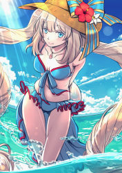 Rule 34 | 1girl, arms behind back, bikini, blue bikini, blue bow, blue eyes, blue ribbon, blue sky, blush, bow, breasts, cleavage, cloud, collarbone, day, fate/grand order, fate (series), floating hair, flower, hat, hat bow, hat flower, hayosena, hibiscus, jewelry, long hair, looking at viewer, marie antoinette (fate), marie antoinette (fate/grand order), marie antoinette (swimsuit caster) (fate), marie antoinette (swimsuit caster) (third ascension) (fate), necklace, outdoors, red flower, ribbon, sky, smile, solo, standing, straw hat, striped, striped bow, sun hat, sunlight, swimsuit, very long hair, wading, water, white flower, yellow hat