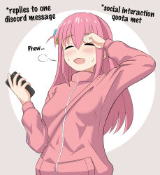 Rule 34 | 1girl, puff of air, absurdres, bocchi the rock!, cellphone, closed eyes, commentary, cube hair ornament, english commentary, english text, gotoh hitori, grey background, hair ornament, highres, holding, holding phone, kurofuro, long hair, open mouth, phone, pink hair, pink track suit, sigh, smartphone, smile, solo, track suit, two-tone background, upper body, white background, wiping sweat