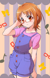 Rule 34 | 1girl, bad id, bad pixiv id, blue overalls, blush, brown eyes, brown hair, closed mouth, cowboy shot, frown, glasses, hand in own hair, highres, jwetefmgyvhlxqn, looking at viewer, overall shorts, overalls, pink shirt, precure, rectangular eyewear, red-framed eyewear, semi-rimless eyewear, shirabe ako, shirt, short hair, short sleeves, solo, standing, striped, striped background, suite precure, t-shirt, under-rim eyewear