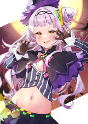 Rule 34 | 1girl, :d, absurdres, anzu 1026, black capelet, black skirt, blush, brown gloves, capelet, fang, gloves, grey hair, hair bun, hat, highres, hololive, long hair, long sleeves, looking at viewer, midriff, moon, murasaki shion, murasaki shion (1st costume), navel, open mouth, shirt, short eyebrows, single side bun, skin fang, skirt, smile, solo, striped clothes, striped shirt, vertical-striped clothes, vertical-striped shirt, virtual youtuber, yellow eyes