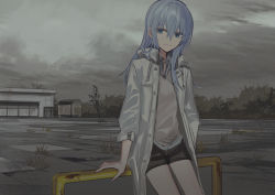 Rule 34 | 1girl, black shorts, blue eyes, building, chihuri, closed mouth, collared shirt, day, drawstring, dress shirt, grey hair, hair between eyes, highres, jacket, looking at viewer, open clothes, open jacket, original, outdoors, overcast, railing, rust, shirt, short shorts, shorts, sky, smile, solo, sweater vest, white jacket, white shirt