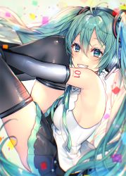 Rule 34 | 1girl, bare shoulders, black skirt, black sleeves, black thighhighs, blue eyes, collared shirt, commentary request, detached sleeves, feet out of frame, green hair, grin, hair between eyes, hatsune miku, hatsune miku (nt), headphones, legs up, long hair, long sleeves, looking at viewer, looking to the side, pleated skirt, shiomizu (swat), shirt, skirt, sleeveless, sleeveless shirt, smile, solo, thighhighs, twintails, very long hair, vocaloid, white shirt