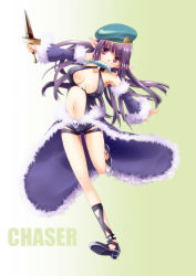 Rule 34 | 1girl, bare shoulders, beret, breasts, cameltoe, choker, cleavage, covered erect nipples, detached sleeves, fish, fur-trimmed sleeves, fur-trimmed waist cape, fur trim, hat, kawagoe pochi, knife, large breasts, legs, long hair, mouth hold, pointy ears, purple eyes, purple hair, ragnarok online, running, short shorts, shorts, solo, stalker, stalker (ragnarok online), thigh strap, waist cape
