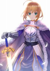 Rule 34 | 1girl, ahoge, armor, artoria pendragon (all), artoria pendragon (fate), blonde hair, blush, fate/zero, fate (series), green eyes, haru (hiyori-kohal), holding, holding sword, holding weapon, looking at viewer, parted lips, saber (fate), short hair, solo, sword, weapon