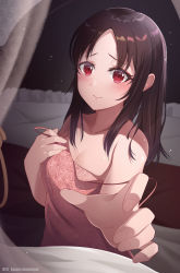 Rule 34 | 1girl, absurdres, alternate costume, alternate hairstyle, artist name, bare shoulders, blush, breasts, closed mouth, collarbone, commentary request, dress, hand on own chest, hand up, highres, indoors, kaguya-sama wa kokurasetai ~tensai-tachi no renai zunousen~, long hair, looking at viewer, medium breasts, parted bangs, pillow, pink dress, red eyes, rfg rozen, shinomiya kaguya, solo, strap slip
