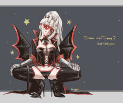 Rule 34 | alternate costume, black jacket, black necktie, black panties, black thighhighs, boots, breasts, cleavage, corset, demon girl, demon wigns, english text, full body, green background, grey background, halloween, helltaker, high heel boots, high heels, horns, jacket, large breasts, long hair, loremaster (helltaker), mechanical arms, necktie, open clothes, open jacket, panties, ponytail, red eyes, red goggles, red necktie, red panties, root 12047841, shiny clothes, short necktie, smile, solo, spread legs, squatting, thigh boots, thighhighs, two-tone necktie, underwear, wings