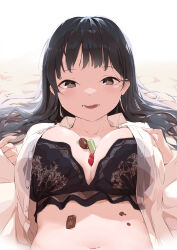 Rule 34 | 1girl, absurdres, black bra, black hair, boku no kokoro no yabai yatsu, bra, breasts, breasts squeezed together, brown eyes, chinese commentary, chocolate, cleavage, collarbone, collared shirt, commentary request, food between breasts, from below, highres, lace, lace bra, large breasts, long hair, looking at viewer, lying, navel, on back, open mouth, painnico, see-through, see-through shirt, shirt, solo, underwear, upper body, white shirt, yamada anna