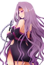 Rule 34 | 1girl, arano oki, ass, bare shoulders, black dress, blush, breasts, chain, cowboy shot, dress, dual wielding, eyeshadow, facial mark, fate/grand order, fate (series), forehead mark, hip vent, holding, holding weapon, long hair, makeup, medium breasts, medusa (fate), medusa (rider) (fate), medusa (rider) (third ascension) (fate), nameless dagger (fate), parted lips, pink eyes, profile, purple hair, short dress, smile, solo, very long hair, wavy hair, weapon