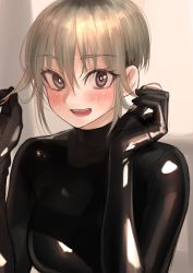 Rule 34 | 1girl, :d, black bodysuit, black gloves, blush, bodysuit, breasts, bright pupils, gloves, grey eyes, grey hair, twirling hair, hands up, highres, kilye kairi, large breasts, latex, latex bodysuit, latex gloves, looking at viewer, open mouth, original, smile, solo, upper body, white pupils