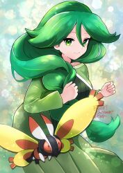 1girl braid breasts bug cheryl_(pokemon) creatures_(company) game_freak gen_4_pokemon green_eyes green_hair hair_between_eyes hair_over_shoulder highres large_breasts long_hair long_sleeves looking_at_viewer mothim nintendo pokemon pokemon_(creature) pokemon_dppt sheyona single_braid skirt smile