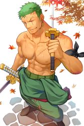 Rule 34 | 1boy, abs, armband, bara, dual wielding, hidora art, highres, holding, holding sword, holding weapon, large pectorals, male focus, muscular, muscular male, navel, nipples, one piece, pectorals, roronoa zoro, scar, scar across eye, scar on chest, scar on face, smile, solo, sweat, sweatdrop, sword, topless male, weapon