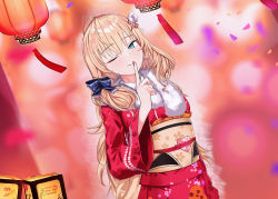 Rule 34 | 1girl, ahoge, akai haato, akai haato (new year), blonde hair, blue eyes, blurry, blurry background, commentary, dutch angle, english commentary, finger to mouth, flower, fur trim, hair flower, hair ornament, hair ribbon, highres, hololive, instagram username, japanese clothes, kimono, lantern, long sleeves, looking at viewer, nail polish, new year, nin fake, obi, one eye closed, paper lantern, pixiv id, red background, red kimono, red nails, ribbon, sash, signature, smile, solo, twitter username, virtual youtuber, watermark, white flower