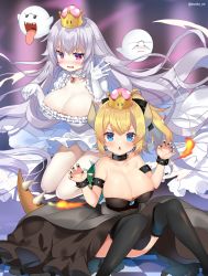 Rule 34 | 2girls, armlet, bad id, bad twitter id, black dress, black legwear, blonde hair, blush, boo (mario), bowsette, bracelet, breasts, bright pupils, checkered floor, chestnut mouth, claw pose, cleavage, collar, commentary request, covered navel, crown, dress, earrings, gloves, horns, huge breasts, jewelry, kurot, long hair, luigi&#039;s mansion, mario (series), multiple girls, nail polish, new super mario bros. u deluxe, nintendo, open mouth, outstretched hand, pink eyes, ponytail, princess king boo, spiked armlet, spiked bracelet, spiked collar, spikes, super crown, thighhighs, tongue, tongue out, very long hair, wavy mouth, white dress, white gloves