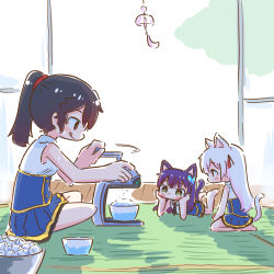 Rule 34 | 3girls, :q, aged down, animal ears, assault lily, bare arms, bare shoulders, barefoot, black hair, black necktie, blue shirt, blue skirt, blush, bowl, bright pupils, butterfly hair ornament, cat ears, cat girl, cat tail, closed mouth, collared shirt, cup, day, feet up, food, funada kiito, funada ui, green eyes, hair between eyes, hair ornament, hair ribbon, hands on lap, hands on own cheeks, hands on own face, head rest, highres, ice, ice cube, indoors, kemonomimi mode, long hair, looking at object, lying, miniskirt, multiple girls, nagasawa yuki (assault lily), necktie, no mouth, on floor, on stomach, pleated skirt, ponytail, porch, profile, purple hair, red eyes, red ribbon, ribbon, seiza, shaved ice, shirt, short necktie, siblings, sisters, sitting, skirt, sleeveless, sleeveless shirt, smile, sweat, tail, tail raised, tatami, teisuu, tongue, tongue out, two-tone shirt, white background, white hair, white pupils, white ribbon, white shirt, wind chime
