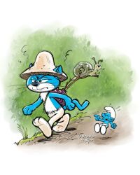 Rule 34 | 2boys, azrael (the smurfs), blue skin, closed eyes, colored skin, english text, highres, meme, multiple boys, official art, open mouth, pants, peyo (style), phyrgian cap, pointing, signature, smurf, smurf cat (meme), snail, tail, the smurfs, walking, watermark, white headwear, white pants