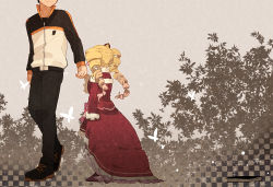 Rule 34 | 1boy, 1girl, absurdres, age difference, bangsutur, beatrice (re:zero), blonde hair, book, capelet, checkered background, commentary, crown, dress, drill hair, frilled dress, frilled sleeves, frills, from behind, grey background, head out of frame, height difference, highres, holding hands, mini crown, natsuki subaru, re:zero kara hajimeru isekai seikatsu, teenage boy and younger girl, track suit, twin drills