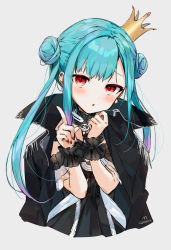 Rule 34 | 1girl, :o, aqua hair, asymmetrical hair, black choker, black coat, black dress, blush, choker, coat, coat on shoulders, crown, double bun, dress, earrings, fingernails, flat chest, frilled dress, frilled straps, frills, ghost earrings, gotou (nekocat), gradient hair, hair bun, head tilt, highres, hololive, index finger raised, jewelry, lace, lace choker, long hair, looking at viewer, multicolored hair, nail polish, off-shoulder dress, off shoulder, parted lips, pink hair, popped collar, red eyes, red nails, see-through, see-through sleeves, short sleeves, sidelocks, solo, tilted headwear, twintails, uneven twintails, uruha rushia, uruha rushia (3rd costume), virtual youtuber, w arms, wristband