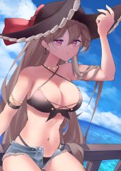 Rule 34 | 1girl, alternate breast size, anchor earrings, arm strap, azur lane, bikini, bikini under clothes, blue sky, breasts, brown bikini, brown hair, brown hat, cleavage, cloud, cloudy sky, criss-cross halter, cross-laced bikini, cross-laced clothes, cutoff jeans, cutoffs, earrings, front-tie bikini top, front-tie top, gold necklace, hair between eyes, halterneck, hat, highleg, highleg bikini, highres, jean bart (azur lane), jean bart (private apres midi) (azur lane), jewelry, large breasts, long hair, looking at viewer, micro shorts, navel, necklace, official alternate costume, open fly, pirate hat, purple eyes, railing, shorts, sky, solo, swimsuit, take yaki, thighs, very long hair, wooden railing