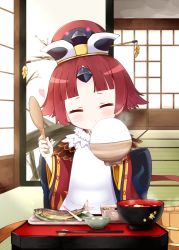 Rule 34 | 1girl, apron, benienma (fate), blunt bangs, blush, bowl, brown hair, brown hat, brown kimono, chopsticks, closed eyes, closed mouth, cocozasa, commentary request, facing viewer, fate/grand order, fate (series), fish, fish (food), grilled fish, hat, head tilt, heart, highres, holding, holding bowl, holding spoon, indoors, japanese clothes, kimono, long hair, long sleeves, rice, rice bowl, shamoji, smile, solo, spoon, very long hair, white apron, wide sleeves, wooden spoon