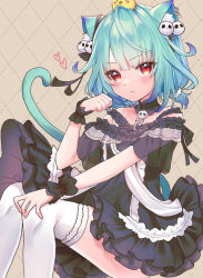 Rule 34 | 1girl, :3, animal, animal ear fluff, animal ears, animal on head, argyle, argyle background, argyle clothes, black collar, black dress, black ribbon, black wrist cuffs, blush, bow, brown background, cat tail, chain, clenched hand, collar, commentary, detached collar, dress, ear ribbon, earrings, feet out of frame, frilled dress, frills, green hair, hair ornament, hand up, heart, hololive, jewelry, looking at viewer, multiple earrings, negima (le ne38), on head, piyoko (uruha rushia), red eyes, ribbon, short hair, short sleeves, skull hair ornament, solo, tail, thighhighs, uruha rushia, uruha rushia (3rd costume), virtual youtuber, white thighhighs, wrist cuffs