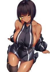 Rule 34 | 1girl, bare shoulders, black hair, black thighhighs, blonde hair, breasts, closed mouth, collarbone, colored inner hair, commentary request, dark-skinned female, dark skin, from above, highres, large breasts, looking at viewer, multicolored hair, original, quibi-chan, short hair, simple background, sitting, smile, solo, spider apple, thighhighs, thighs, two-tone hair, wariza, white background, yellow eyes