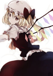 Rule 34 | 1girl, blonde hair, bow, bowtie, crystal, embodiment of scarlet devil, flandre scarlet, from behind, highres, natsume suzuri, red bow, red bowtie, red eyes, short hair, simple background, solo, touhou, white background