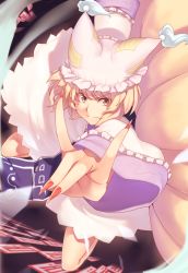 Rule 34 | &gt;:), 1girl, animal hat, blonde hair, dress, fingernails, foreshortening, fox shadow puppet, fox tail, hat, kaiza (rider000), long sleeves, looking at viewer, mob cap, multiple tails, nail polish, ofuda, red nails, sharp fingernails, short hair, smile, solo, tabard, tail, thighs, touhou, v-shaped eyebrows, white dress, white hat, wide sleeves, yakumo ran, yellow eyes