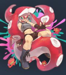 Rule 34 | 1girl, artist name, belt, bike shorts, blurry, boots, crazy eyes, depth of field, fangs, fingerless gloves, fusion, gloves, highres, inkling, inkling girl, inkling player character, midriff, mojaranmo, navel, nintendo, octoling, outstretched arm, paint splatter, pointy ears, splatoon (series), splatoon 1, squid, sweat, takozonesu, tank top, tentacle hair, tongue, tongue out