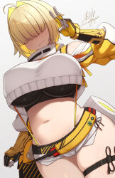 Rule 34 | 1girl, arm guards, belt, blonde hair, blush, breasts, closed mouth, clothing cutout, crop top, crop top overhang, cropped sweater, elegg (nikke), gloves, goddess of victory: nikke, hair intakes, hair over eyes, highres, large breasts, long bangs, long sleeves, micro shorts, midriff, navel, plump, samegami, shorts, shoulder cutout, smile, solo, sweater, thighs, v, white shorts, white sweater