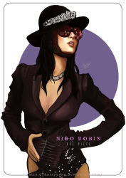Rule 34 | 1girl, alternate costume, black hair, black shirt, breasts, character name, cleavage, contemporary, female focus, hand on own hip, harryyong, hat, hat ribbon, highres, jewelry, necklace, nico robin, one piece, ribbon, shirt, solo, sunglasses