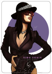 1girl alternate_costume black_hair black_shirt breasts character_name cleavage contemporary female_focus hand_on_own_hip harryyong hat hat_ribbon highres jewelry necklace nico_robin one_piece ribbon shirt solo sunglasses