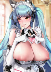Rule 34 | 1girl, absurdres, animal ears, apron, aqua hair, bare shoulders, blurry, blurry background, blush, breasts, chandelier, cian yo, cleavage, depth of field, elbow gloves, embarrassed, frills, gloves, goddess of victory: nikke, hair ornament, heart, heart hands, highres, huge breasts, long hair, looking to the side, maid, maid apron, maid headdress, nipple slip, nipples, no bra, official alternate costume, parted lips, privaty (nikke), privaty (unkind maid) (nikke), sidelocks, solo, turtleneck, twintails, upper body, white gloves, white headwear, window, yellow eyes