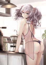 Rule 34 | 1girl, ass, babydoll, bare shoulders, window blinds, blue eyes, blush, breasts, closed mouth, coffee pot, cup, from side, hair ornament, hair scrunchie, highres, holding jug, indoors, jug (bottle), kantai collection, kashima (kancolle), large breasts, long hair, looking at viewer, looking back, narushima kanna, panties, purple panties, scrunchie, see-through, shoulder blades, silver hair, smile, solo, thong, tsurime, twintails, underwear, wavy hair, window