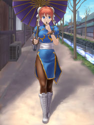 Rule 34 | 1girl, air conditioner, architecture, bare tree, blue eyes, blue sky, boots, bracelet, bun cover, china dress, chinese clothes, chun-li, chun-li (cosplay), cosplay, day, double bun, dress, east asian architecture, gintama, ho den keiji, jewelry, kagura (gintama), looking at viewer, outdoors, pantyhose, parasol, red hair, reflection, sky, solo focus, spiked bracelet, spikes, street fighter, tree, umbrella, water, white footwear