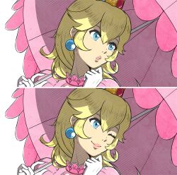 Rule 34 | 1girl, blonde hair, blue eyes, clenched hand, close-up, closed mouth, crown, dress, earrings, expressions, eyelashes, fire emblem, fire emblem fates, gloves, hands up, holding, holding umbrella, jewelry, lips, lithety, long hair, looking to the side, mario (series), multiple views, nintendo, nostrils, official style, one eye closed, over shoulder, parasol, parted lips, pink dress, pink lips, pink umbrella, princess peach, puffy short sleeves, puffy sleeves, shade, short sleeves, smile, super mario bros. 1, transparent background, umbrella, upper body, white gloves