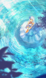 Rule 34 | 1girl, absurdres, black eyes, blue flower, blue rose, closed mouth, commentary request, day, dress, flower, goroku, hair flower, hair ornament, highres, holding, key, long hair, ocean, original, outdoors, rose, scenery, signature, sitting, smile, solo, wading, water, white dress, white hair