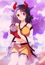 Rule 34 | 1girl, animal ears, animal print, bare shoulders, black hair, breasts, collarbone, cow ears, cow horns, cow print, feet out of frame, grey hair, hair between eyes, haori, holding, horns, japanese clothes, large breasts, long sleeves, looking at viewer, makuwauri, midriff, multicolored hair, navel, off shoulder, red eyes, short hair, short shorts, shorts, sitting, smile, solo, split-color hair, sports bra, steam, touhou, two-tone hair, ushizaki urumi, wide sleeves, yellow shorts