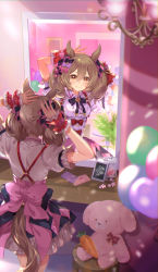 Rule 34 | 1girl, animal ears, arms behind head, arms up, black ribbon, blurry, blurry foreground, bow, breasts, brown hair, center opening, chandelier, collared dress, dress, envelope, from behind, hair bow, hair ribbon, highres, horse ears, horse girl, horse tail, jar, medium breasts, medium hair, mirror, neck ribbon, puffy short sleeves, puffy sleeves, reflection, ribbon, short sleeves, skirt, smart falcon (umamusume), smile, solo, stool, stuffed animal, stuffed rabbit, stuffed carrot, stuffed toy, suspender skirt, suspenders, table, tail, twintails, umamusume, vanity table, white dress, wrist cuffs, yellow eyes, yoshida (ne)