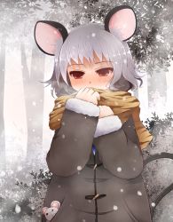 Rule 34 | 1girl, alternate costume, animal ears, animal print, arano oki, blush, coat, grey hair, jewelry, mouse (animal), mouse ears, mouse tail, nazrin, pendant, red eyes, scarf, short hair, snowing, solo, tail, tiger print, touhou, winter clothes, winter coat