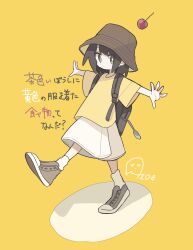 Rule 34 | 1girl, absurdres, aida (aidia), backpack, bag, bright pupils, brown bag, brown eyes, brown footwear, brown hair, brown hat, bucket hat, cherry, closed mouth, commentary request, dot nose, expressionless, food, fruit, full body, grey shorts, hat, highres, medium hair, open hands, orange shirt, original, outstretched arms, shirt, shoes, shorts, signature, simple background, socks, solo, spread arms, standing, standing on one leg, translation request, white pupils, white socks, wide sleeves, yellow background