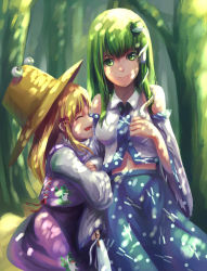 Rule 34 | 2girls, holding another&#039;s arm, bad id, bad pixiv id, blonde hair, bow, dappled sunlight, detached sleeves, closed eyes, frog hair ornament, green eyes, green hair, hair ornament, hair ribbon, hair tubes, happy, hat, highres, holding own arm, japanese clothes, kochiya sanae, long hair, long sleeves, looking at viewer, midriff, miko, moriya suwako, multiple girls, open mouth, profile, ribbon, shirt, skirt, skirt set, smile, snake hair ornament, sunlight, touhou, tree shade, vest, wide sleeves, zuo xiang liang
