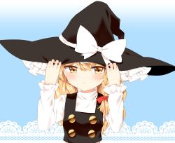 Rule 34 | 1girl, :t, blush, bow, braid, buttons, commentary, facing viewer, hat, hat bow, kirisame marisa, large bow, long hair, long sleeves, looking away, pout, shy, side braid, single braid, solo, touhou, turtleneck, vest, wavy hair, witch hat, yellow eyes, yururi nano