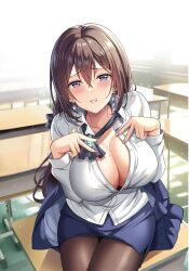 Rule 34 | 1girl, blue eyes, blush, boku no kanojo sensei, breasts, brooch, brown hair, chair, classroom, cleavage, desk, double v, earrings, embarrassed, feet out of frame, female focus, from above, fujiki maka, hair between eyes, highres, indoors, jewelry, large breasts, legs, long hair, looking at viewer, official art, oryo (oryo04), pantyhose, parted lips, pencil skirt, sdwing, sitting, skirt, solo, thighs, unbuttoned, unbuttoned shirt, v